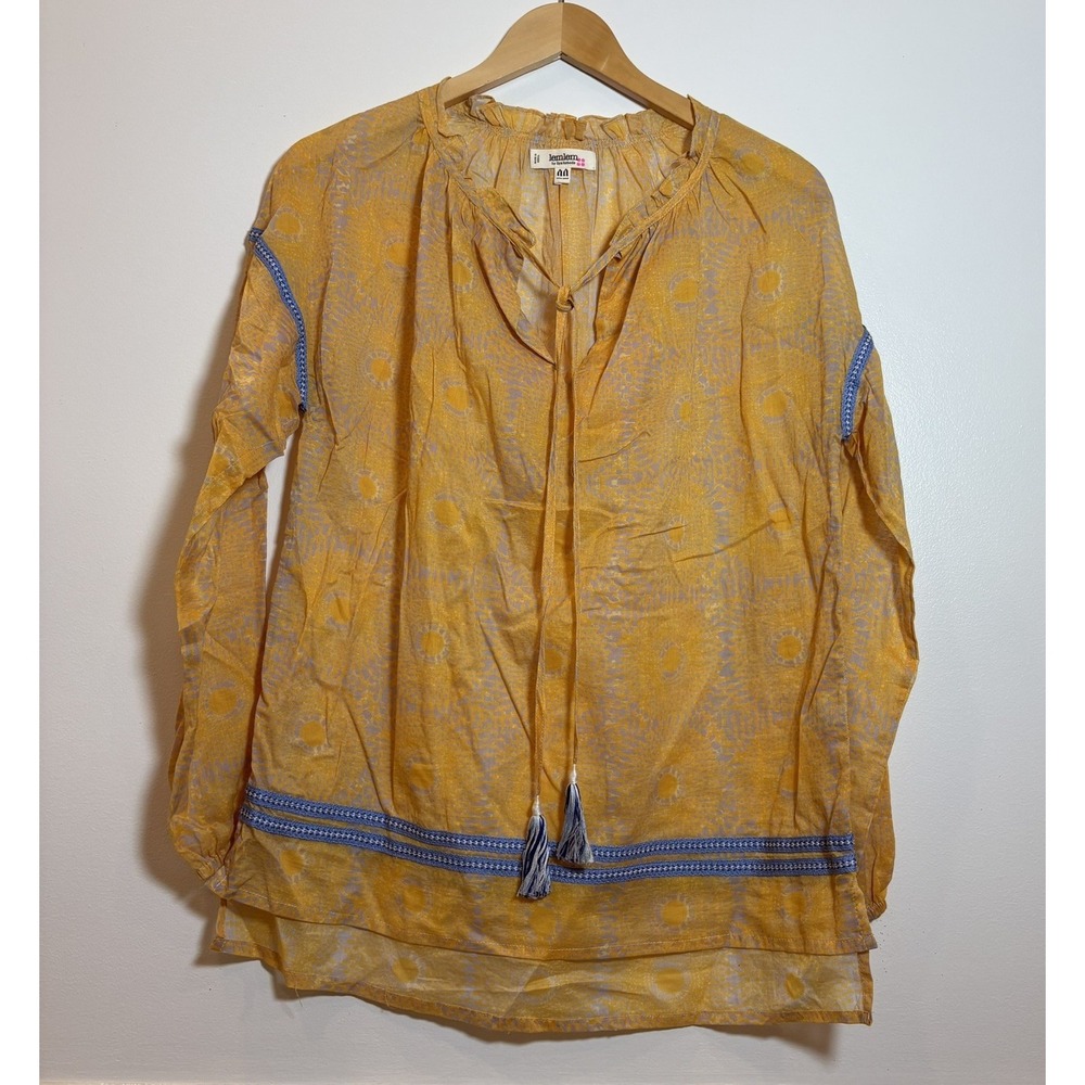 Lemlem by Liya Kebede Women Yellow Cotton Sunburst Tassel Peasant Blouse XS Boho